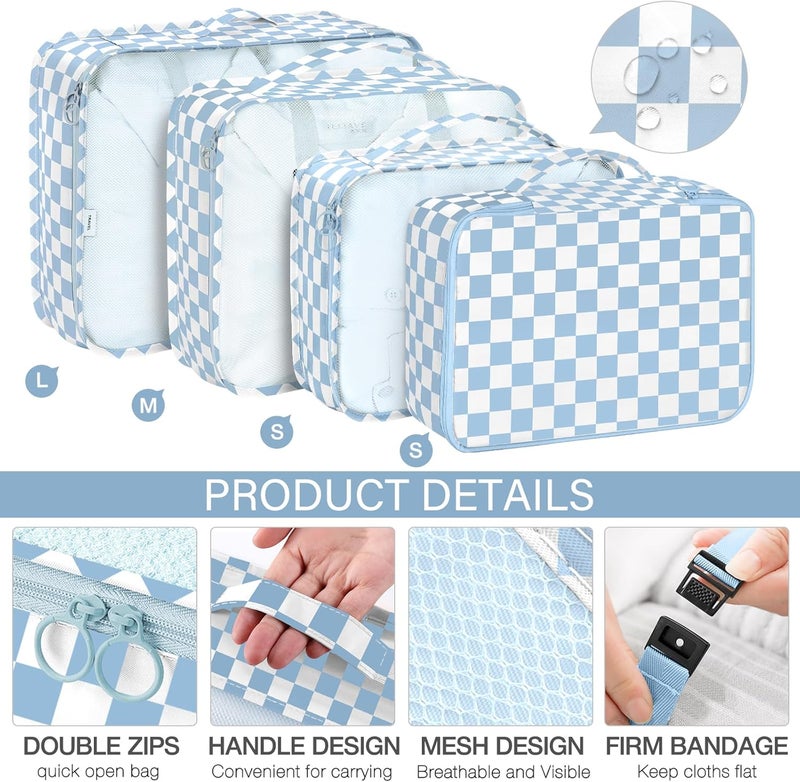 KPX 8 Set Packing Cubes for Travel, Luggage Packing Organizers Accessories Large Toiletries Bag for Clothes Shoes Cosmetics (Blue Checkered) - Image 3